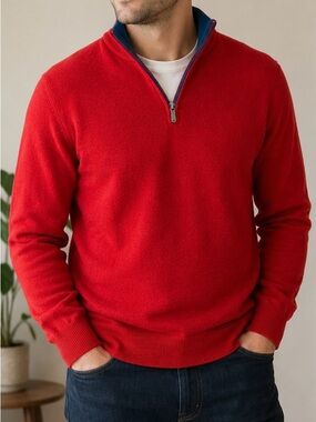 Bugatchi Uomo Red Merino Wool Quarter Zip Sweater Men’s Large